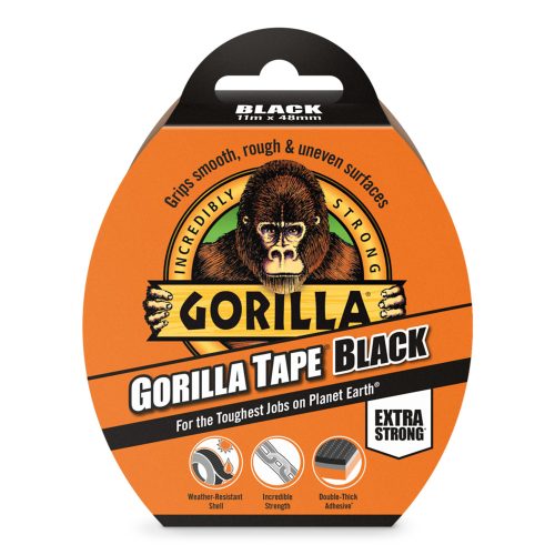 Gorilla Tape Black 11 m x 48 mm ragasztószalag csomagolása – fekete, kültéri használatra
