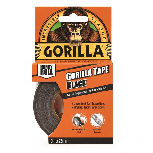 Gorilla Tape Black Handy Roll 9 m x 25 mm fekete ragasztószalag csomagolása elölről nézve