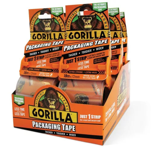 Gorilla Packaging Tape termékek bolti displayen, erős csomagolószalag választék