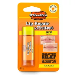 O’Keeffe’s Lip Repair & Protect SPF 15 fényvédő ajakbalzsam száraz, kicserepesedett ajkakra, 4,2 g csomagolás