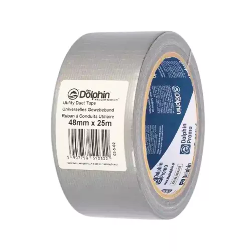 Blue Dolphin szürke utility duct tape ragasztószalag natúr tekercs nézetben, 48 mm szélességben és 25 m hosszban