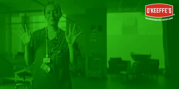 O’Keeffe’s Working Hands campaign image with green background, healthcare worker