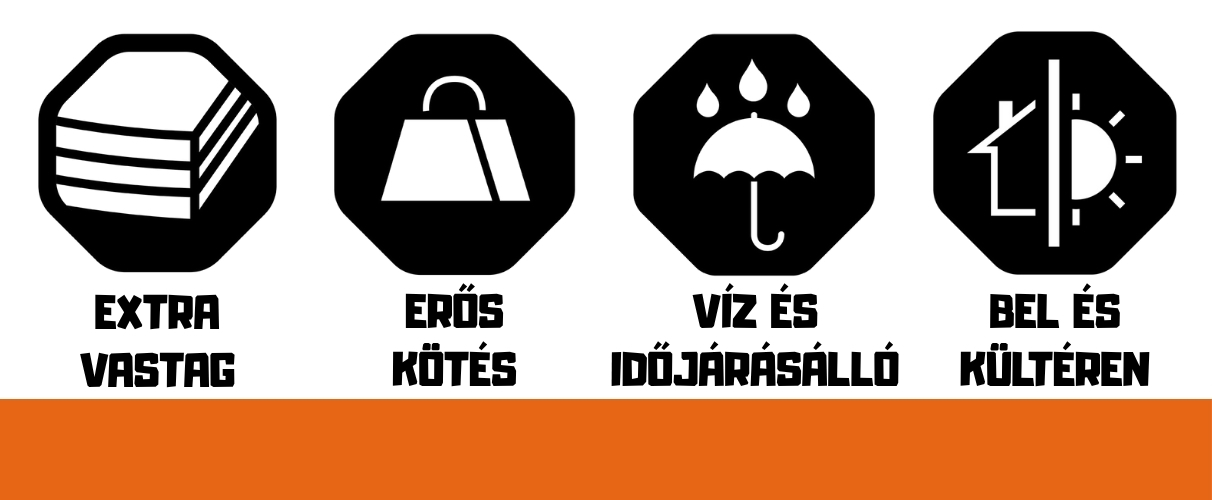 A Gorilla Heavy Duty Kétoldalas Ragasztószalag ikonok: extra vastag ragasztóréteg, erős kötés, víz- és időjárásálló, beltéri és kültéri használatra