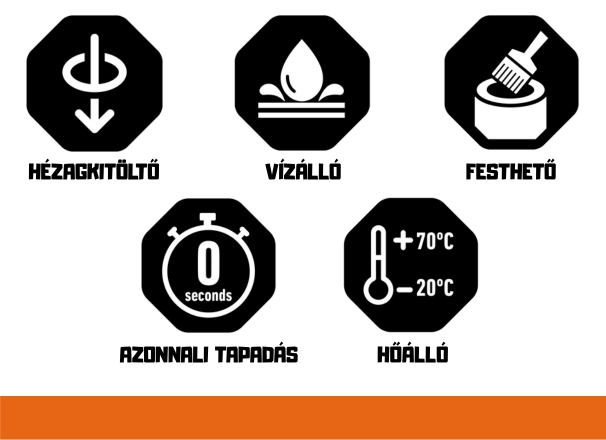 Gorilla GRAB ULTIMATE Extrém Erős Építési Ragasztó tulajdonságai – 100% vízálló, festhető, hézagkitöltő, bírja a szélsőséges hőmérsékletet, azonnali tapadás.