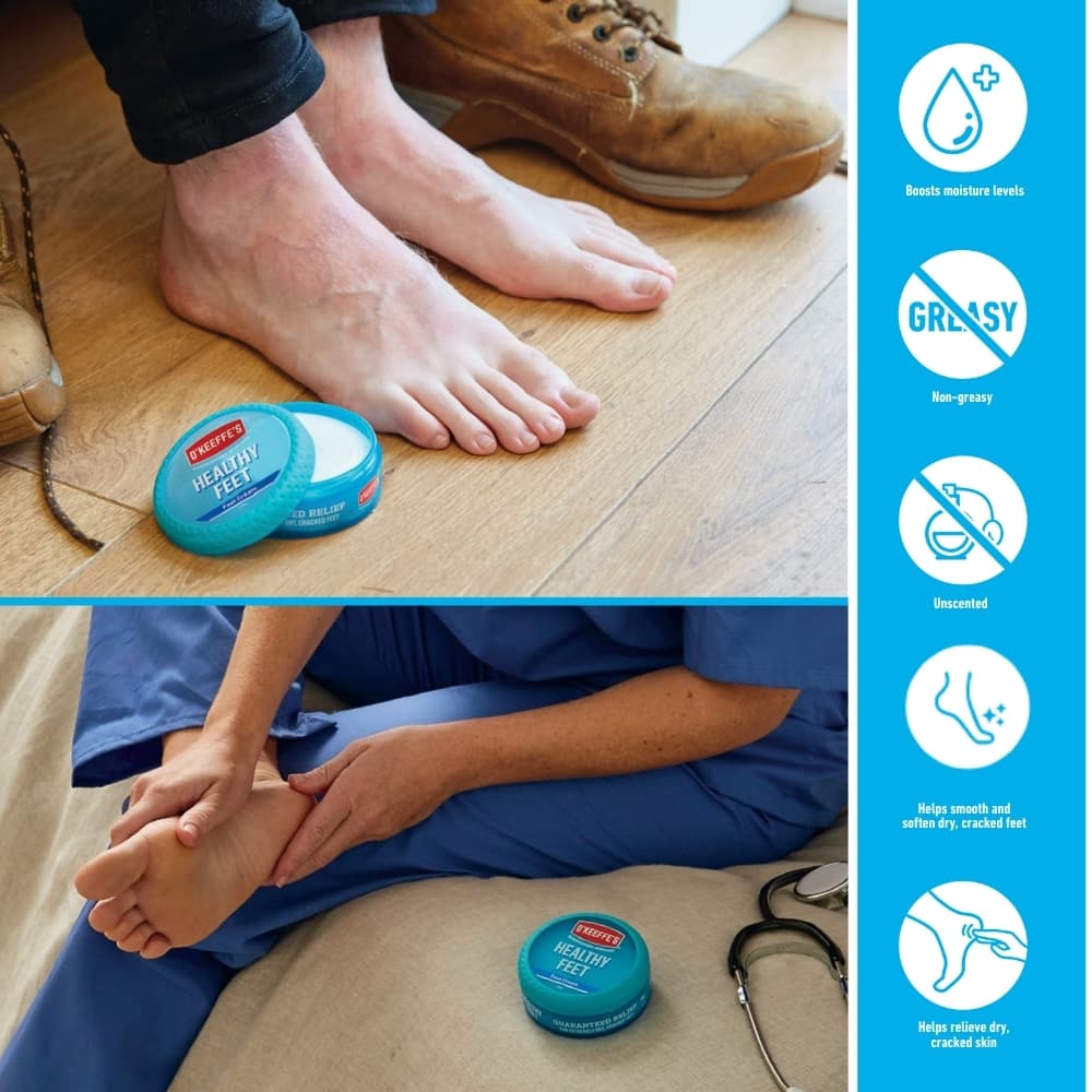 Using O’Keeffe’s Healthy Feet Foot Cream helps keep feet hydrated and free from cracks. The non-greasy, fragrance-free formula absorbs quickly and is ideal for daily use.